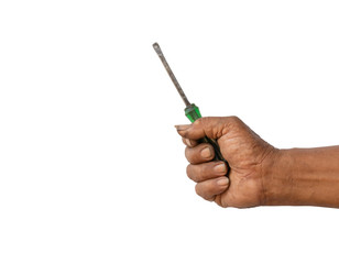 The mechanic is holding an old screw isolated