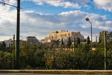 Panoramic view of the Acropolis hill and the Parthenon temple from the center of Athens