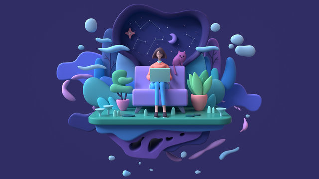 Brunette woman with a laptop sitting on a sofa late at night. Abstract concept art lazy sedentary lifestyle of a young freelancer working from home with cat, plants. 3d illustration on blue background