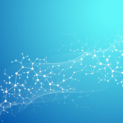 Scientific molecule background for medicine, science, technology, chemistry. Science template wallpaper or banner with a DNA molecules. Dynamic wave flow DNA. Molecular vector illustration.