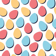 Colorful Easter eggs seamless pattern. Simple easter eggs in pastel red, orange, blue colors isolated on white background. Modern Hand drawn vector illustration, cartoon style