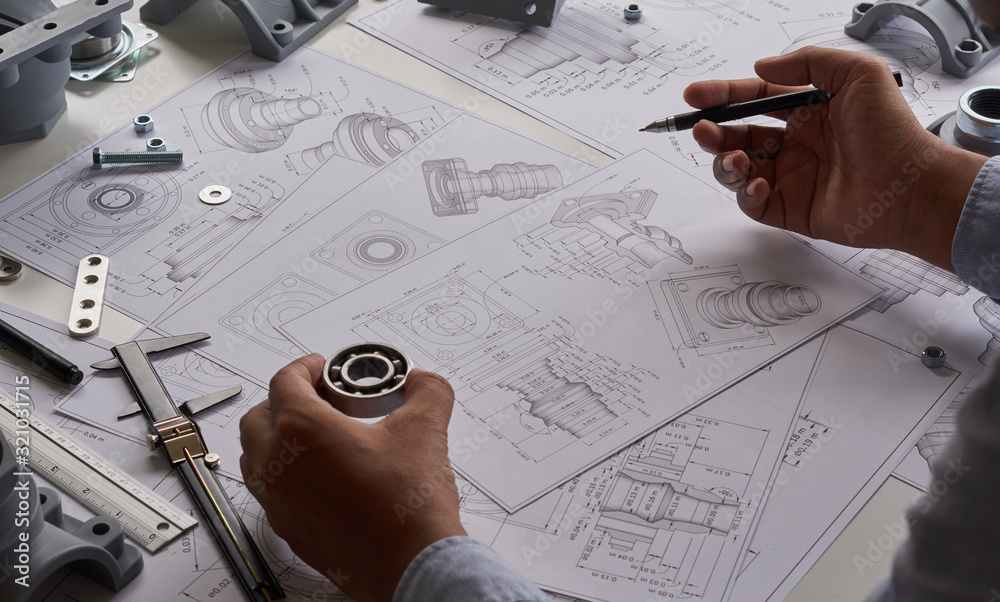 Poster engineer technician designing drawings mechanical parts engineering engine.manufacturing factory ind