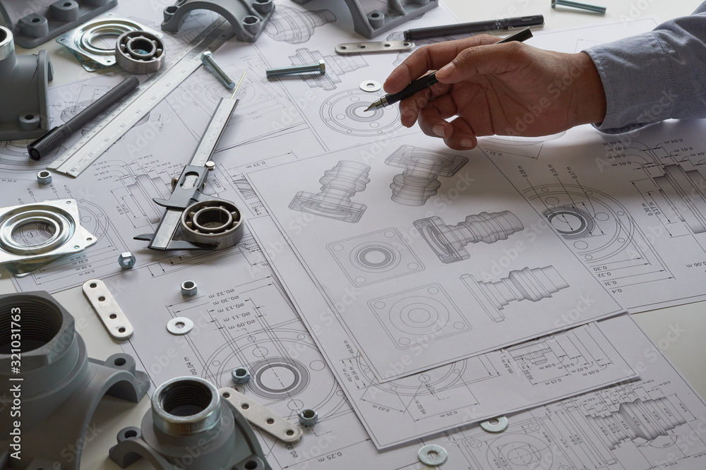 Poster engineer technician designing drawings mechanical parts engineering engine.manufacturing factory ind
