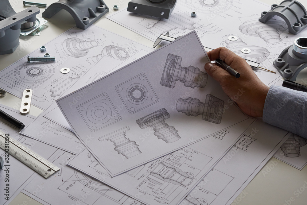 Poster engineer technician designing drawings mechanical parts engineering engine.manufacturing factory ind