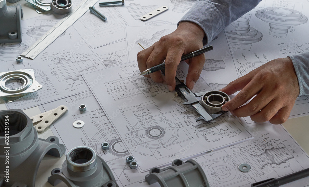 Poster engineer technician designing drawings mechanical parts engineering engine.manufacturing factory ind