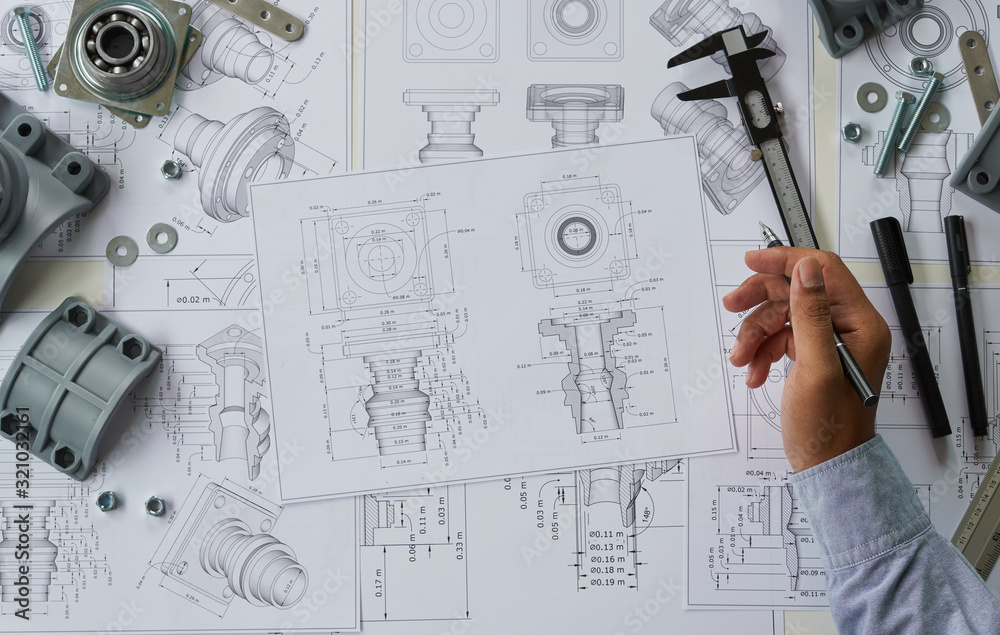 Poster engineer technician designing drawings mechanical parts engineering engine.manufacturing factory ind