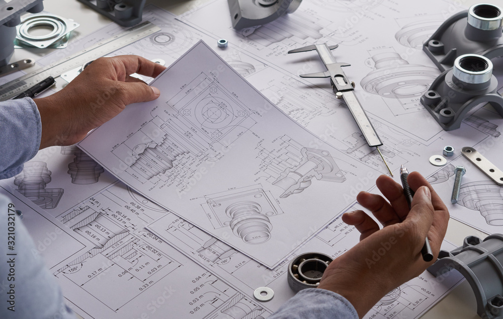 Poster Engineer technician designing drawings mechanical parts engineering Engine.manufacturing factory Industry Industrial work project blueprints measuring bearings caliper tools
