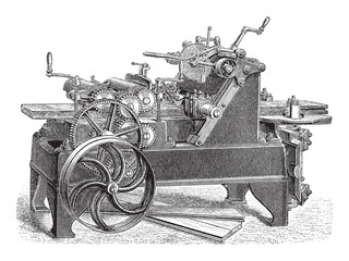 Old sawing machine / vintage illustration from Brockhaus Konversations-Lexikon 1908