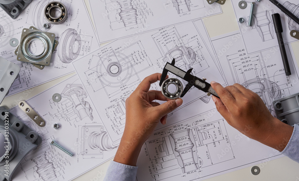 Poster engineer technician designing drawings mechanical parts engineering engine.manufacturing factory ind