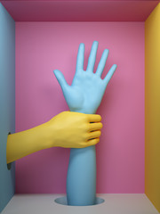 3d render, female hands feminist protest metaphor, mannequin body parts isolated on pink background, inside square box, shop display, modern minimal fashion concept