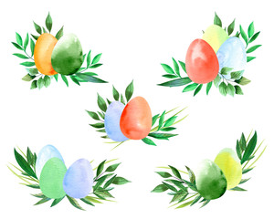 Watercolor Easter decoration with colouful eggs and wreaths. Great for invitations, decor, web, greeting cards