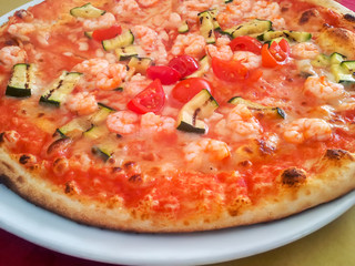 Pizza Margarita with Shrimps. Traditional Italian Pizza in Italy