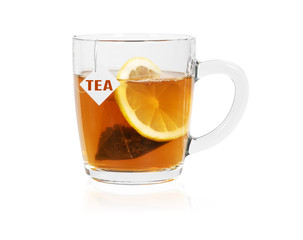 Fototapeta na wymiar Cup of black tea with lemon isolated on white