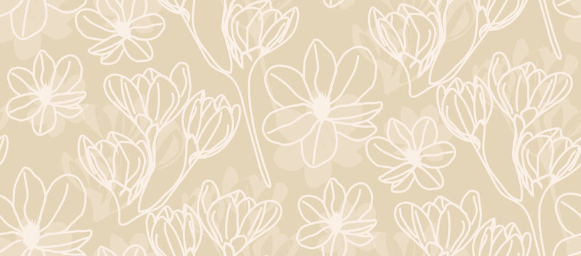 Magnolia in beige line art - seamless pattern