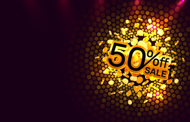 Scene golden 50 sale off text banner. Night Sign.