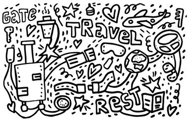 World Travel Set. Hand drawn simple vector sketches collection.