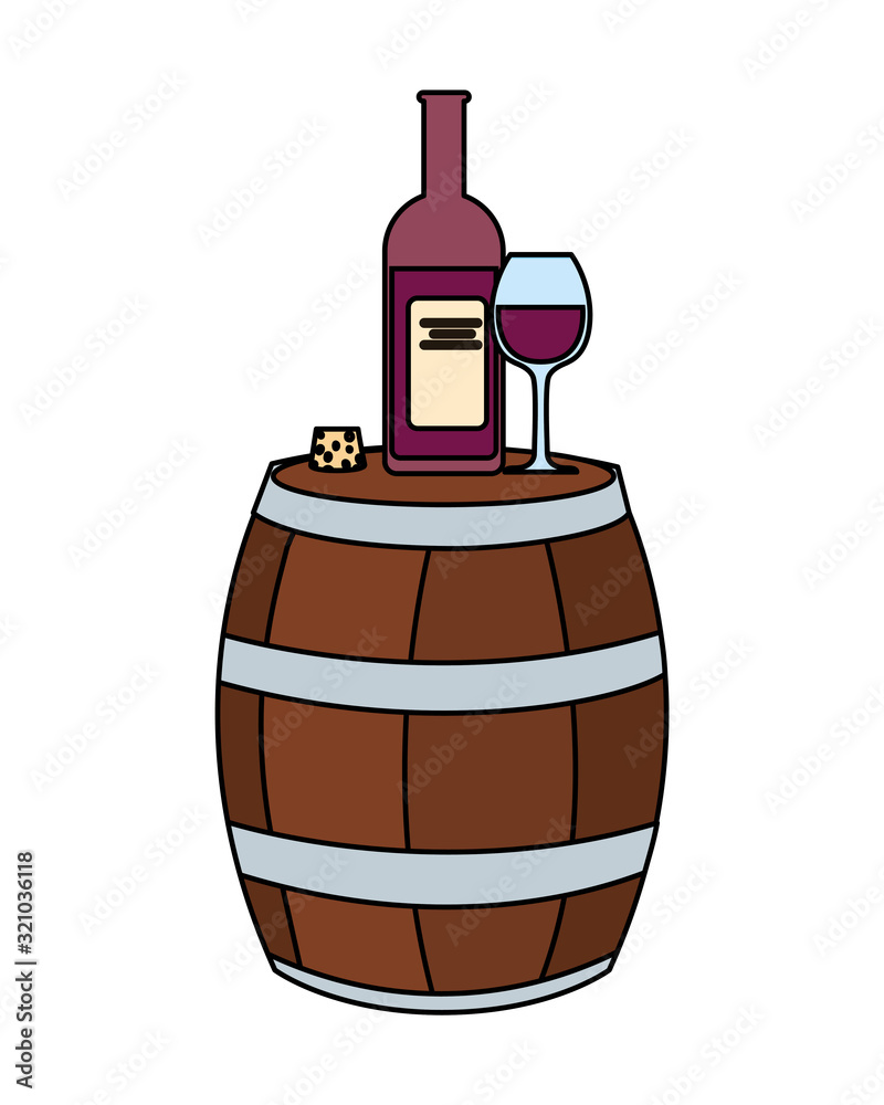 Wall mural barrel with bottle of wine on white background