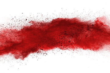 Red powder explosion on white background. Colored cloud. Colorful dust explode. Paint Holi.