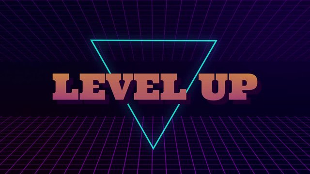 VHS retro animation with appearing neon triangle and text level up. The grid moves forward. Retro style. Video games from the 80s. Motion graphics.