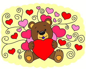 cute teddy bear, gives a red heart, Valentine's day, symbol of love, gift, postcard, printable sticker