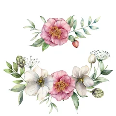 Fototapeten Watercolor floral set with anemones and roses. Hand painted holiday flowers, artichoke, buds and leaves isolated on a white background. Spring illustration for design, print, fabric or background. © yuliya_derbisheva