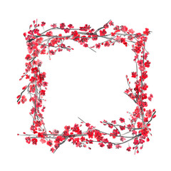 hand drawn illustration: floral square frame made of sakura branches. Spring cherry blossom