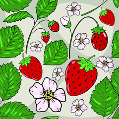 Seamless vector illustration with strawberries, flowers and green leaves on grey background. Good for printing. Wallpaper, fabric and textile design. Cute wrapping paper pattern.