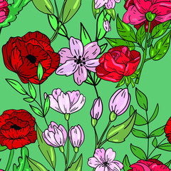 Seamless vector pattern with hand drawn flowers, roses and  poppy on green background. Spring bouquet illustration.  Good for printing. Wallpaper, fabric and textile idea. Wrapping paper design. 