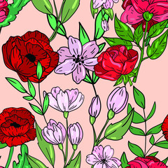 Seamless vector pattern with hand drawn flowers, roses and  poppy on pink background. Spring bouquet illustration.  Good for printing. Wallpaper, fabric and textile idea. Wrapping paper design. 