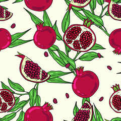 Seamless vector pattern with pomegranate, pomegranate seeds and sleeves on white background. Good for printing. Wallpaper, fabric and textile design. Botanical wrapping paper pattern. Doodle style.