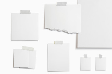 Moodboard template composition with blank photo cards, torn paper, square frame glued with adhesive tape and isolated on  white as template for graphic designers presentations, portfolios etc.