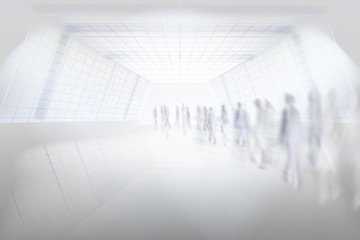 People walking through the underground passage. A long tunnel. Shopping gallery corridor. A large hall. Vector illustration.