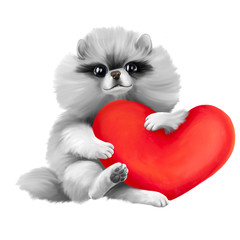 White spitz puppy holds red heart in its paws. Valentine's Day. Dog is isolated on a white background. art - 321038171