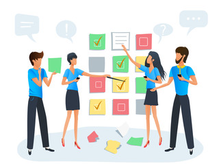 Vector illustration, team of business people working on a project at office with agile scrum task board plan, sticky notes flowchart, workshop training, business meeting, teamwork