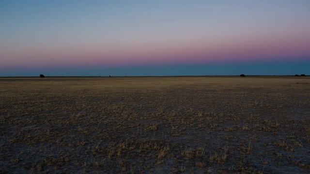 Static early morning timelaspe from dawn through sunrise, vast open landscape in dry, barren grass pan with pastel colors in sky as sunlight touches scene, Botswana.