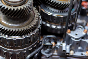 Close-up helical gears in car automatic transmission