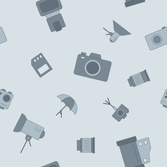 Photo equipment background - Vector color seamless pattern of camera, flash, lens, tripod, slr and light for graphic design