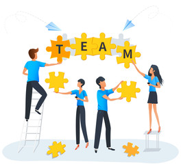 Puzzle teamwork business solution concept. Team at work. Group of people connecting puzzle elements. Flat design. Symbol of startup, teamwork partnership, cooperation, brainstormin