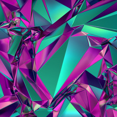 3d render, abstract geometric pink green polygonal faceted background, crystal structure, crumpled holographic metallic foil texture, iridescent crystallized fashion wallpaper, vivid neon palette