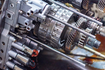 Close-up helical gears in car automatic transmission