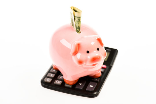 Financial Wellbeing. Savings Account. Piggy Bank Pink Pig Stuffed Dollar Banknote And Calculator. Money Savings. Economics And Finance. Savings Deposit Is Convenient Flexible Way Depositing Savings