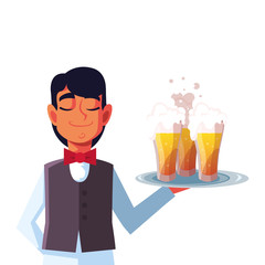man waiter holding tray beer glasses on white background