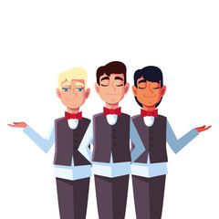 men waiters with uniform in different poses
