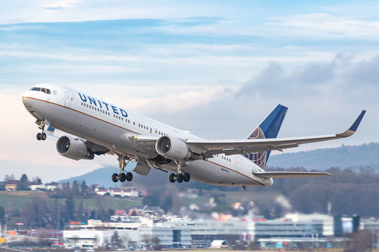 United Airlines Boeing 767 airplane at Zurich