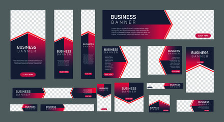 set of creative web banners in standard size with a place for photos. Vertical, horizontal and square template with Gradient black and red color . vector illustration EPS 10