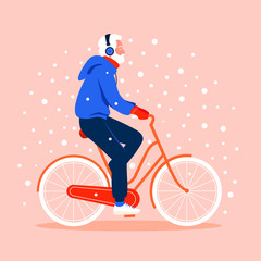 An old man rides a bicycle under snowfall. Winter sport. Grandfather. Vector flat illustration