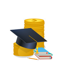 Scholarship concept, education loan, investment in knowledge. Books, graduation hat and stack of coins. Money savings, study cost or fee. Vector illustration in flat style.