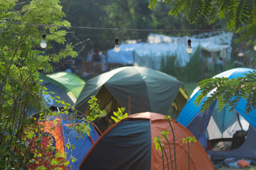 Tourists pitching tents in the park