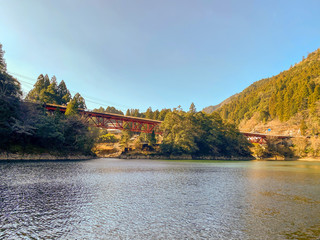 Naklejka premium A bridge over a dam lake in Japan.
