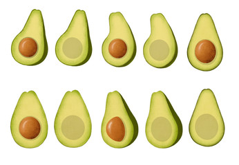 Digital avocado illustration. Avocado clipart. Set of avocado halves with seed and without seed. Avocado isolated.